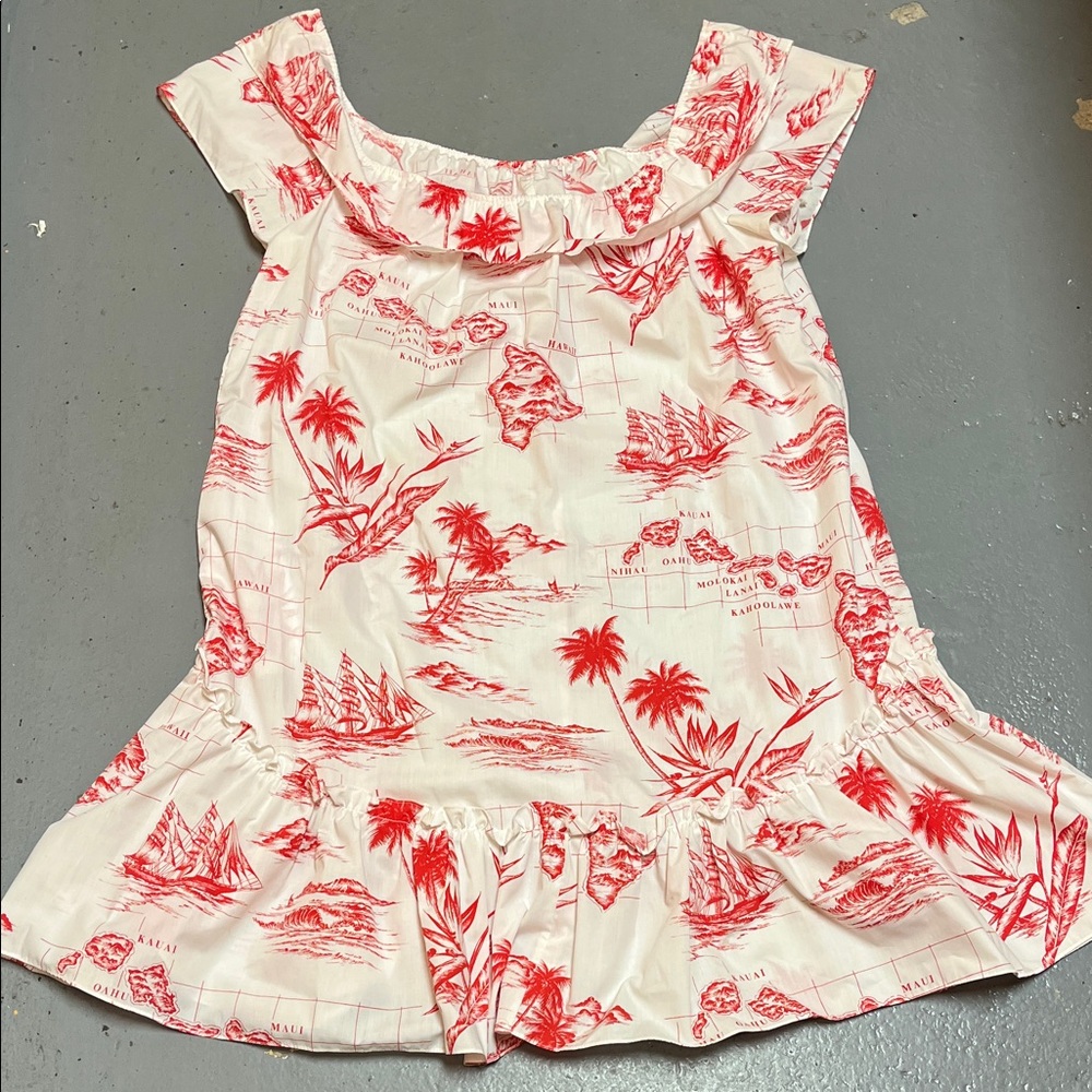 Girls' White Tank Top with Red Tropical Print and Ruffle Hem
